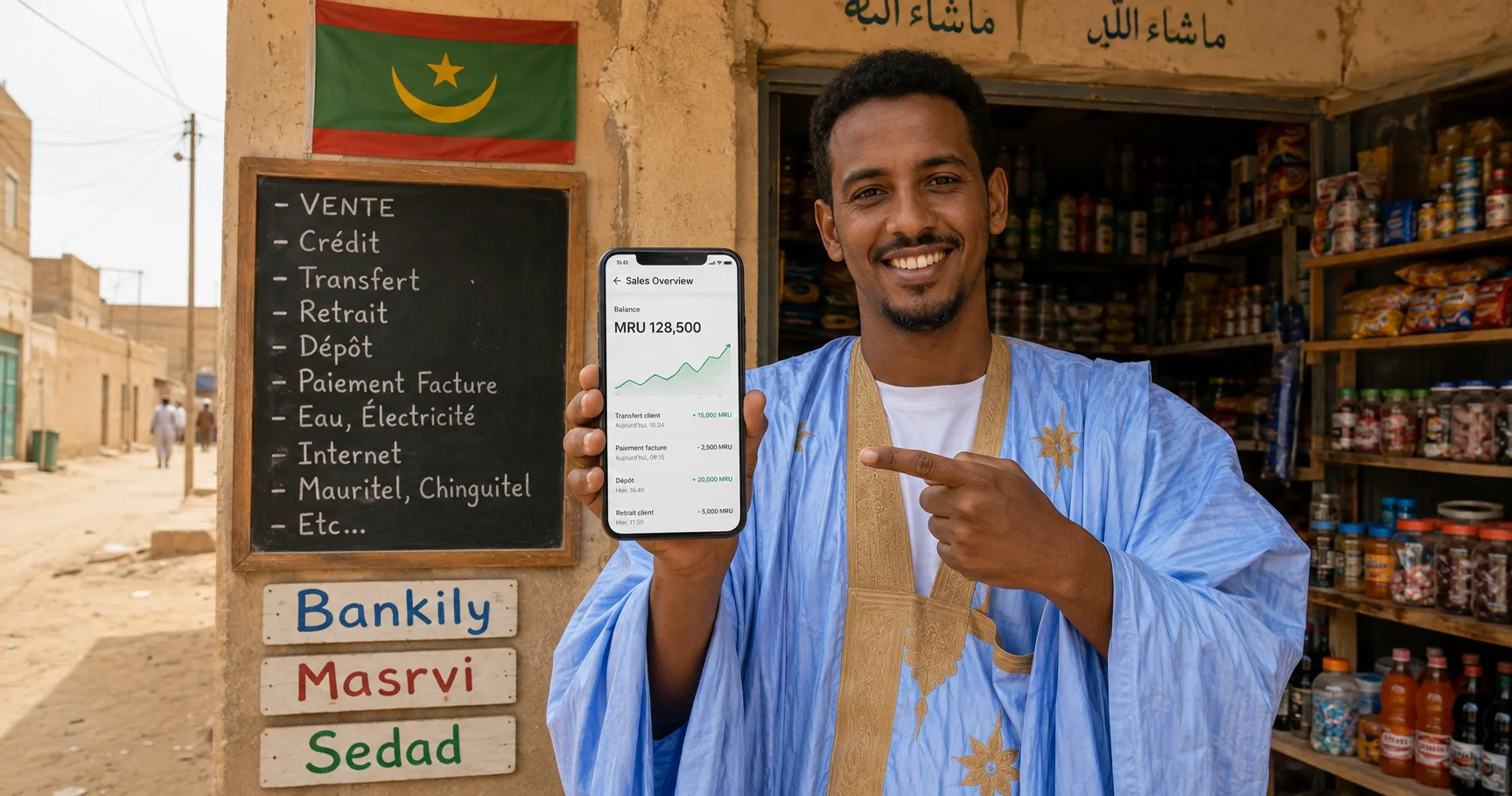 صاحب بوتيك موريتاني بالدراعة يعرض لوحة خدماته ويتابع معاملاته بالأوقية